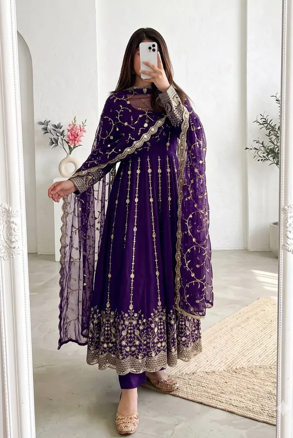 DEKEANSHKA®_Women’s_Designer_Royal_Purple_Embroidered_Party_Wear_Gown_Set_with_Dupatta_&_Pant