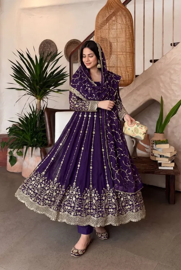 DEKEANSHKA®_Women’s_Designer_Royal_Purple_Embroidered_Party_Wear_Gown_Set_with_Dupatta_&_Pant