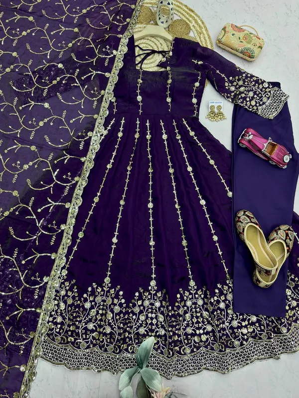DEKEANSHKA®_Women’s_Designer_Royal_Purple_Embroidered_Party_Wear_Gown_Set_with_Dupatta_&_Pant