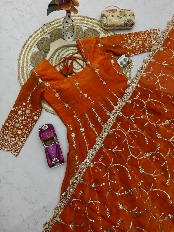 DEKEANSHKA®_Women’s_Designer_Rust_Orange_Embroidered_Party_Wear_Gown_Set_with_Dupatta_&_Pant
