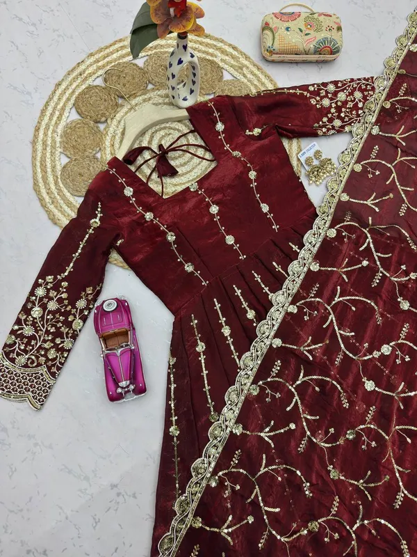 DEKEANSHKA®_Women’s_Designer_Wine_Maroon_Embroidered_Party_Wear_Gown_Set_with_Dupatta_&_Pant