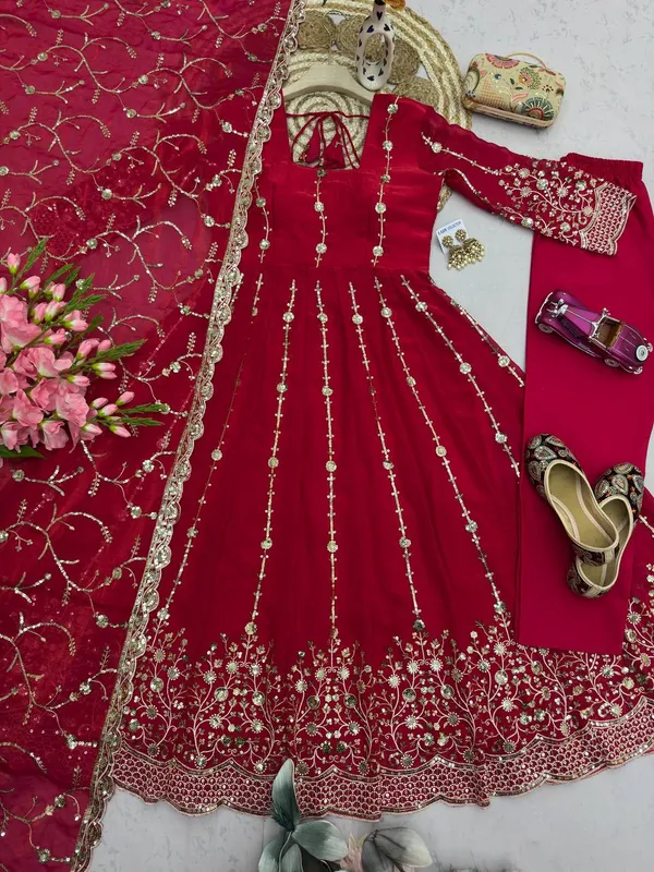 DEKEANSHKA®_Women’s_Designer_Wine_Maroon_Embroidered_Party_Wear_Gown_Set_with_Dupatta_&_Pant