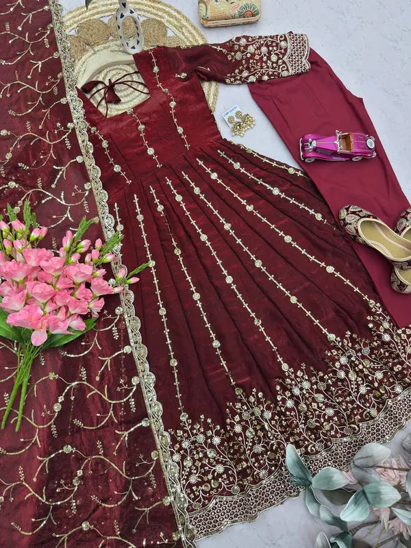 DEKEANSHKA®_Women’s_Designer_Wine_Maroon_Embroidered_Party_Wear_Gown_Set_with_Dupatta_&_Pant