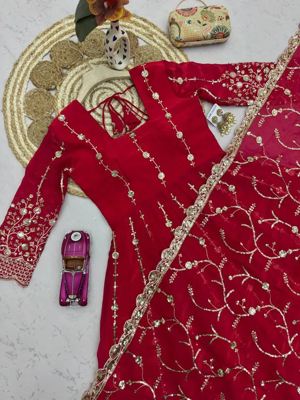 DEKEANSHKA®_Women’s_Designer_Wine_Maroon_Embroidered_Party_Wear_Gown_Set_with_Dupatta_&_Pant