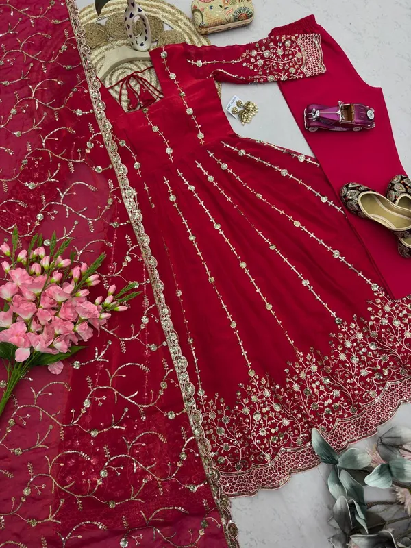 DEKEANSHKA®_Women’s_Designer_Wine_Maroon_Embroidered_Party_Wear_Gown_Set_with_Dupatta_&_Pant