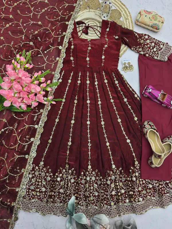 DEKEANSHKA®_Women’s_Designer_Wine_Maroon_Embroidered_Party_Wear_Gown_Set_with_Dupatta_&_Pant