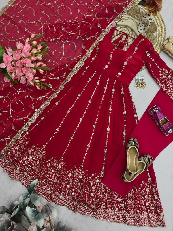 DEKEANSHKA®_Women’s_Designer_Wine_Maroon_Embroidered_Party_Wear_Gown_Set_with_Dupatta_&_Pant