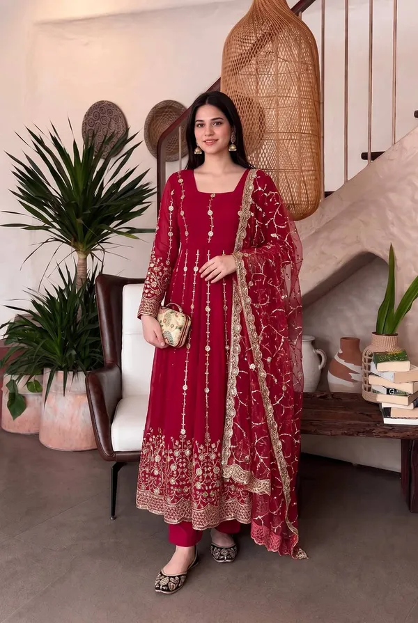 DEKEANSHKA®_Women’s_Designer_Wine_Maroon_Embroidered_Party_Wear_Gown_Set_with_Dupatta_&_Pant