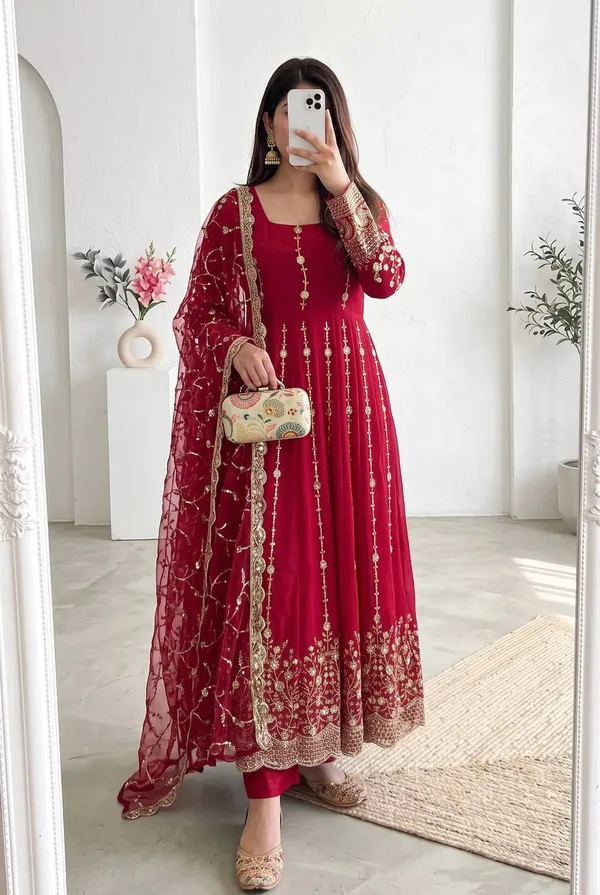 DEKEANSHKA®_Women’s_Designer_Wine_Maroon_Embroidered_Party_Wear_Gown_Set_with_Dupatta_&_Pant