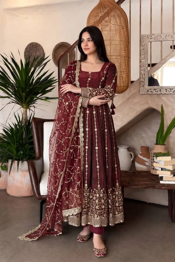 DEKEANSHKA®_Women’s_Designer_Wine_Maroon_Embroidered_Party_Wear_Gown_Set_with_Dupatta_&_Pant