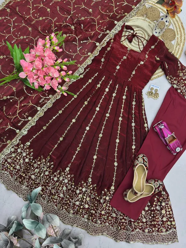 DEKEANSHKA®_Women’s_Designer_Wine_Maroon_Embroidered_Party_Wear_Gown_Set_with_Dupatta_&_Pant