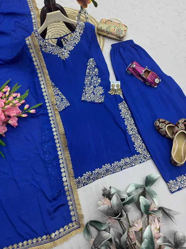 DEKEANSHKA®_Women’s_Royal_Blue_Designer_Embroidered_Chinon_Silk_Kurta_Palazzo_Dupatta_Set