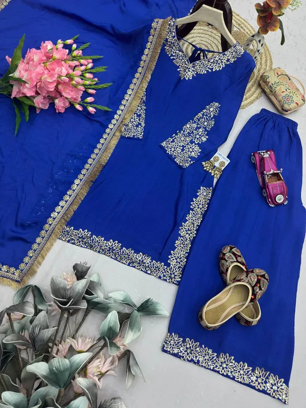 DEKEANSHKA®_Women’s_Royal_Blue_Designer_Embroidered_Chinon_Silk_Kurta_Palazzo_Dupatta_Set