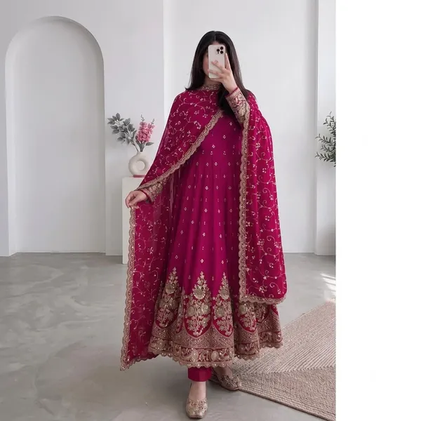 DEKEANSHKA®_Designer_Rani_Pink_Embroidered_Gown_With_Dupatta_&_Pant_Set