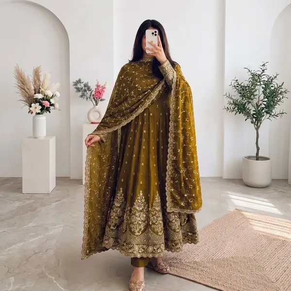 DEKEANSHKA®_Designer_Mustard_Gold_Embroidered_Gown_With_Dupatta_&_Pant_Set