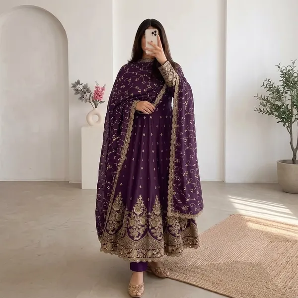 DEKEANSHKA®_Designer_Royal_Purple_Embroidered_Gown_With_Dupatta_&_Pant_Set