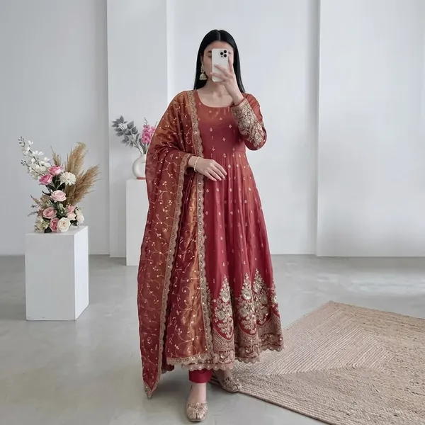 DEKEANSHKA®_Designer_Wine_Maroon_Embroidered_Gown_With_Dupatta_&_Pant_Set