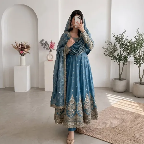 DEKEANSHKA®_Designer_Teal_Blue_Embroidered_Gown_With_Dupatta_&_Pant_Set