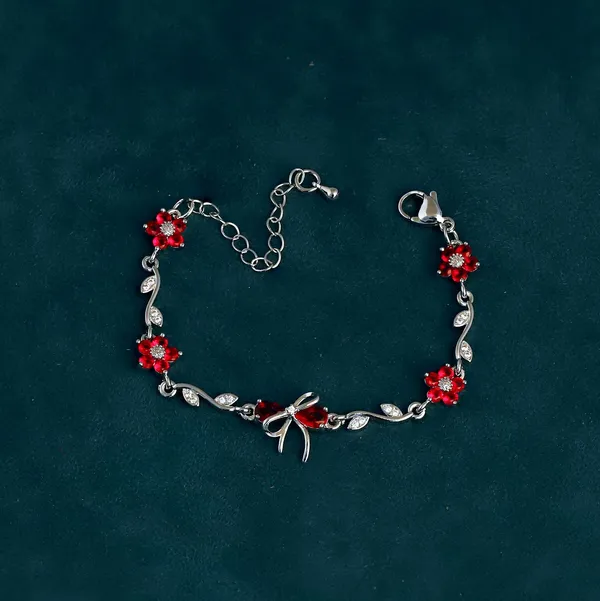 Red_Silver_Alloy_Floral_Bow_Charm_Bracelet_For_Women
