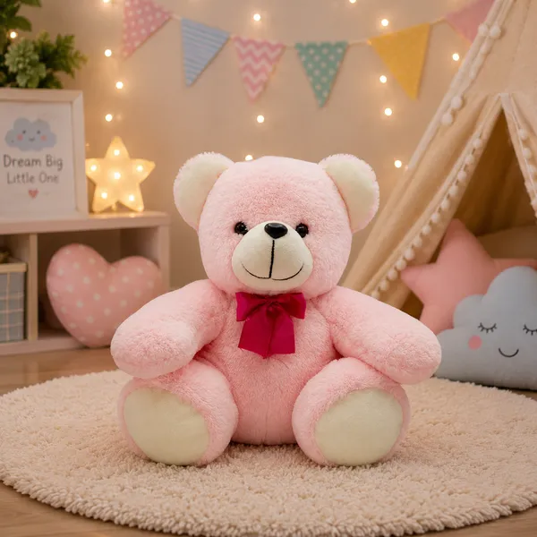 GOLDENHUB_TOYS_Glory_Teddy_Pink_Soft_Toy,_Plush,_with_White_Bow_25_cm_for_Kids