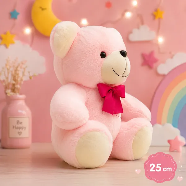 GOLDENHUB_TOYS_Glory_Teddy_Pink_Soft_Toy,_Plush,_with_White_Bow_25_cm_for_Kids
