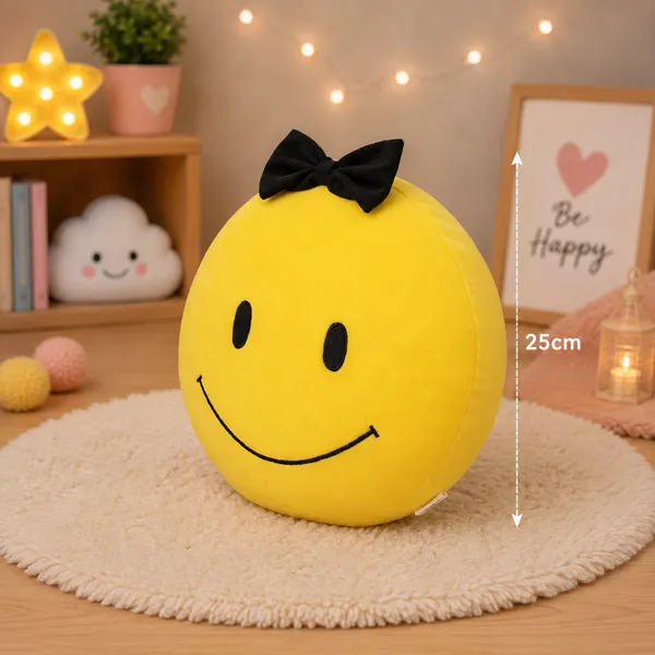 GOLDENHUB_TOYS_Smiley_Face_Cushion_with_Black_Bow,_Plush_Soft_Toy,_Yellow