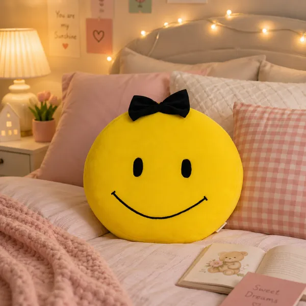 GOLDENHUB_TOYS_Smiley_Face_Cushion_with_Black_Bow,_Plush_Soft_Toy,_Yellow