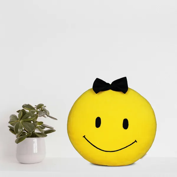GOLDENHUB_TOYS_Smiley_Face_Cushion_with_Black_Bow,_Plush_Soft_Toy,_Yellow