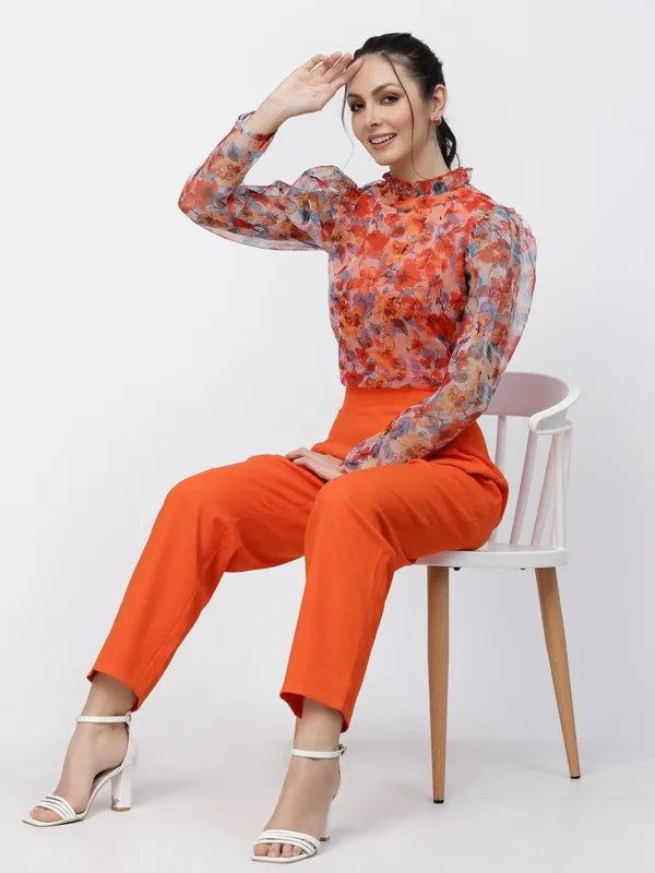 Orange_Sheer_Floral_High_Neck_Top_for_Women