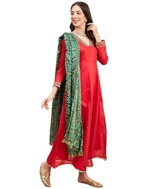 Women_Chanderi_Anarkali_Kurta_With_Dupatta_Bandhani_Ethnic_Dress_V_Neck_Flared_Anarkali_Suit_Set_S_Xxl
