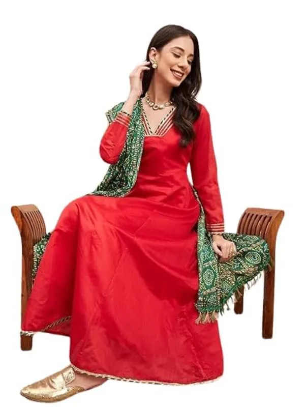 Women_Chanderi_Anarkali_Kurta_With_Dupatta_Bandhani_Ethnic_Dress_V_Neck_Flared_Anarkali_Suit_Set_S_Xxl