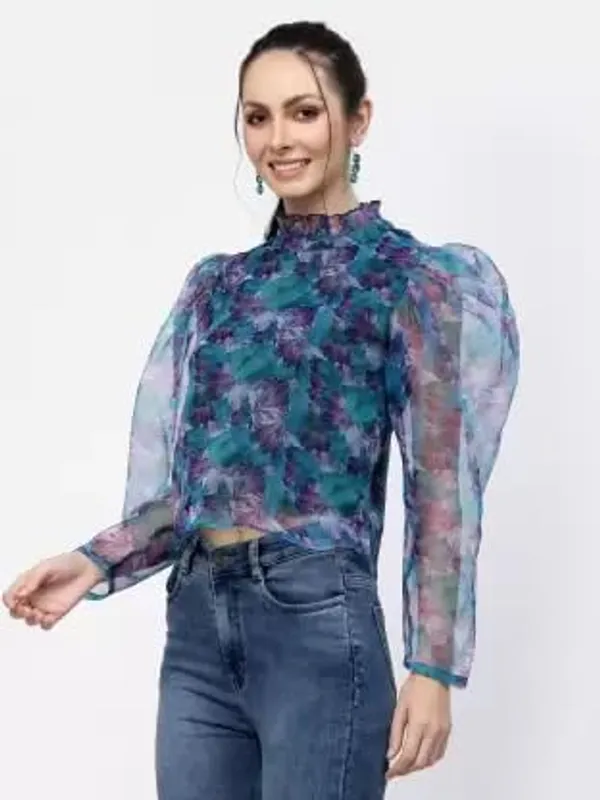 Women_Organza_Printed_Top_High_Neck_Frill_Puff_Sleeves_Stylish_Western_Top_Sheer_Full_Sleeves_With_Inner_Knit_Lining_S_Xxl