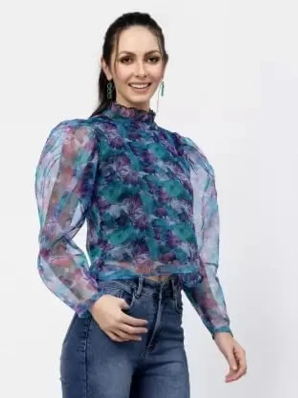Women_Organza_Printed_Top_High_Neck_Frill_Puff_Sleeves_Stylish_Western_Top_Sheer_Full_Sleeves_With_Inner_Knit_Lining_S_Xxl