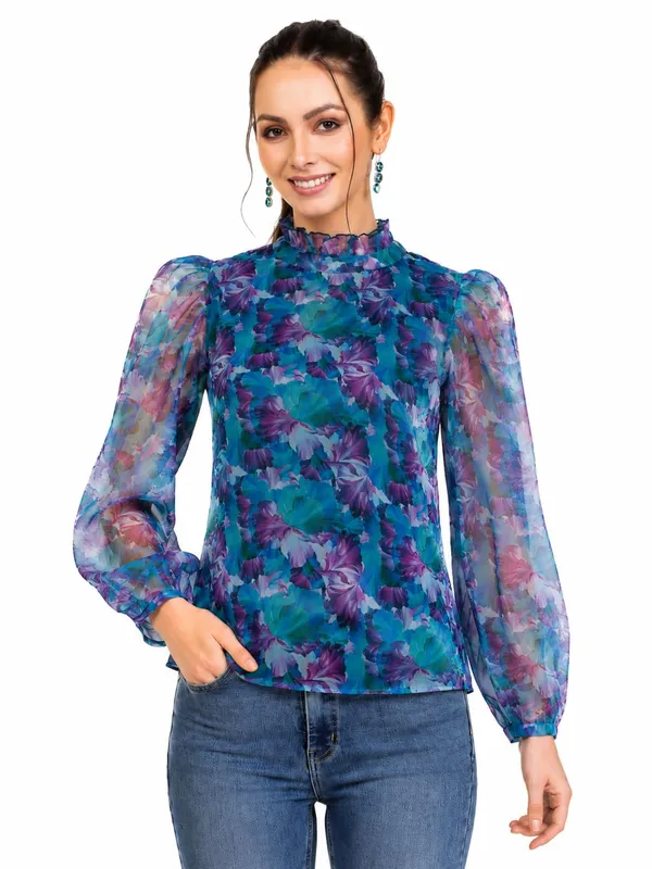 Women_Organza_Printed_Top_High_Neck_Frill_Puff_Sleeves_Stylish_Western_Top_Sheer_Full_Sleeves_With_Inner_Knit_Lining_S_Xxl
