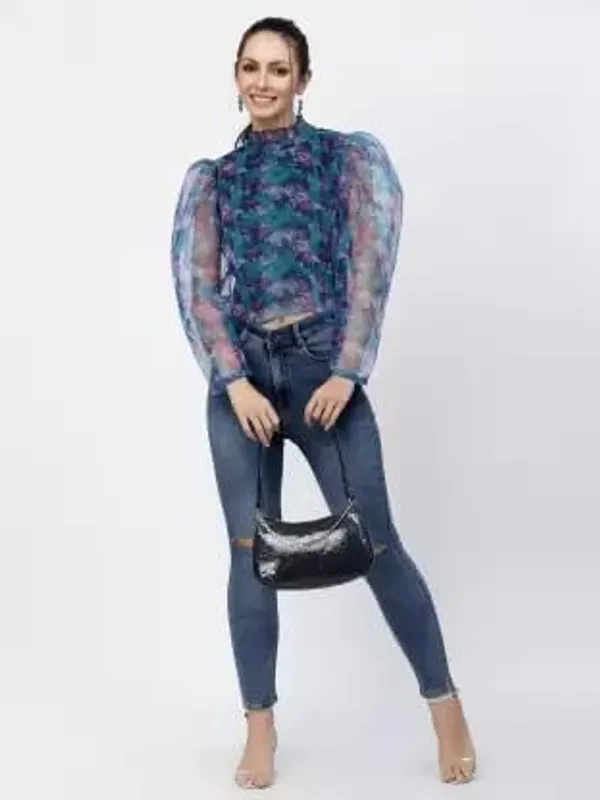 Women_Organza_Printed_Top_High_Neck_Frill_Puff_Sleeves_Stylish_Western_Top_Sheer_Full_Sleeves_With_Inner_Knit_Lining_S_Xxl