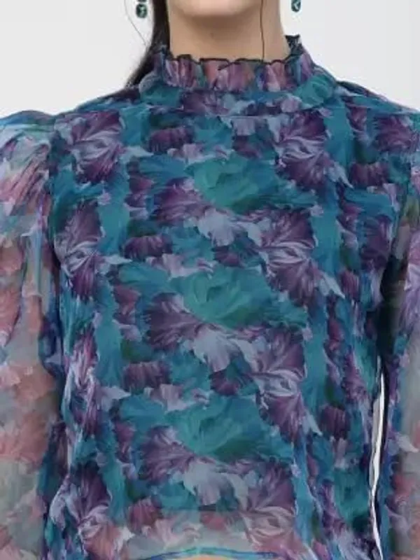 Women_Organza_Printed_Top_High_Neck_Frill_Puff_Sleeves_Stylish_Western_Top_Sheer_Full_Sleeves_With_Inner_Knit_Lining_S_Xxl