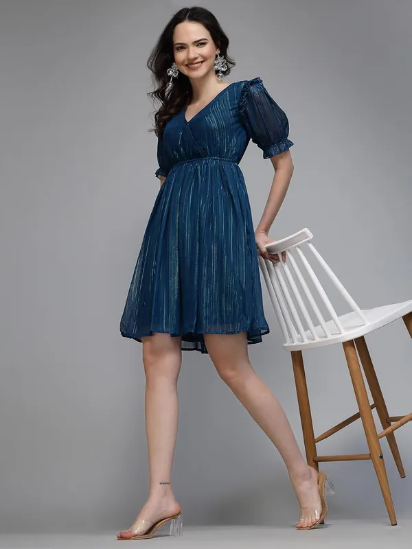 Women_S_Lurex_Shimmer_Fit_Flare_Knee_Length_Dress_V_Neck_Wrap_Style_Puff_Sleeves_Party_Cocktail_Evening_Dress_Elasticated_Waist_S_Xxl