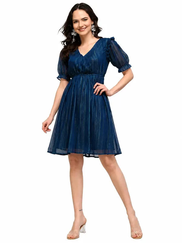 Women_S_Lurex_Shimmer_Fit_Flare_Knee_Length_Dress_V_Neck_Wrap_Style_Puff_Sleeves_Party_Cocktail_Evening_Dress_Elasticated_Waist_S_Xxl