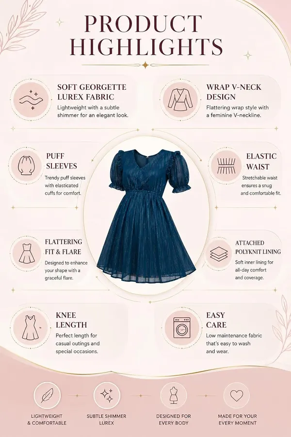Women_S_Lurex_Shimmer_Fit_Flare_Knee_Length_Dress_V_Neck_Wrap_Style_Puff_Sleeves_Party_Cocktail_Evening_Dress_Elasticated_Waist_S_Xxl