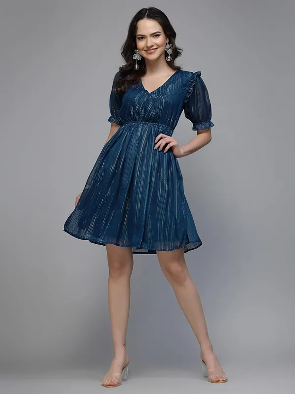 Women_S_Lurex_Shimmer_Fit_Flare_Knee_Length_Dress_V_Neck_Wrap_Style_Puff_Sleeves_Party_Cocktail_Evening_Dress_Elasticated_Waist_S_Xxl