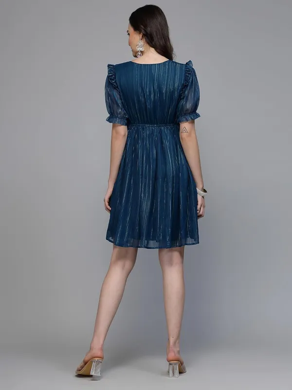 Women_S_Lurex_Shimmer_Fit_Flare_Knee_Length_Dress_V_Neck_Wrap_Style_Puff_Sleeves_Party_Cocktail_Evening_Dress_Elasticated_Waist_S_Xxl