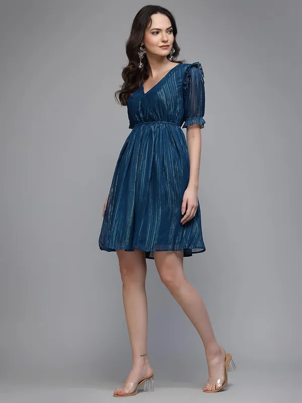 Women_S_Lurex_Shimmer_Fit_Flare_Knee_Length_Dress_V_Neck_Wrap_Style_Puff_Sleeves_Party_Cocktail_Evening_Dress_Elasticated_Waist_S_Xxl