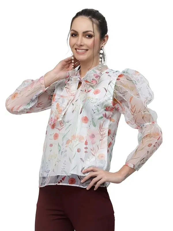 Women_Organza_Printed_Top_Sheer_Puff_Sleeves_Stylish_Western_Top_Tie_Up_Neck_With_Inner_Knit_Lining_S_Xxl