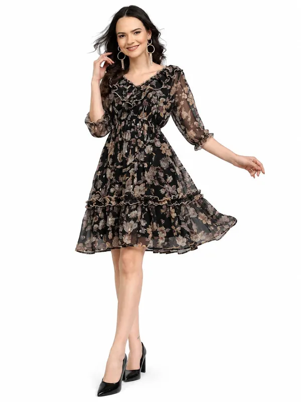 Women_Floral_Georgette_Dress_Knee_Length_Fit_Flare_V_Neck_Frill_Detail_Casual_Elegant_Dress_3_4_Sleeve_S_Xxl