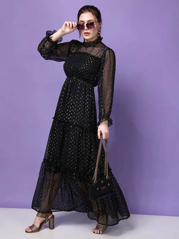 Women_Gold_Lurex_Maxi_Dress_Georgette_Flared_Dress_High_Neck_Sheer_Sleeves_Tiered_Frill_Elegant_Evening_Dress_S_Xxl