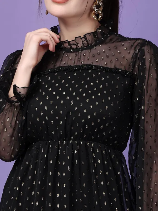 Women_Gold_Lurex_Maxi_Dress_Georgette_Flared_Dress_High_Neck_Sheer_Sleeves_Tiered_Frill_Elegant_Evening_Dress_S_Xxl