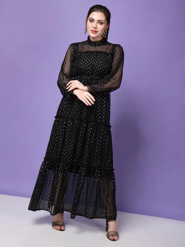 Women_Gold_Lurex_Maxi_Dress_Georgette_Flared_Dress_High_Neck_Sheer_Sleeves_Tiered_Frill_Elegant_Evening_Dress_S_Xxl