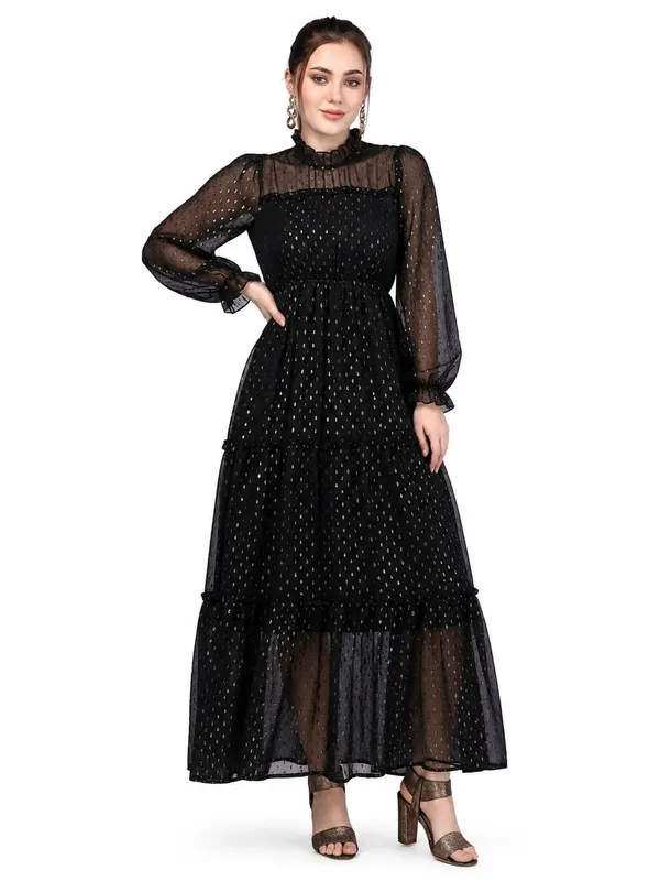 Women_Gold_Lurex_Maxi_Dress_Georgette_Flared_Dress_High_Neck_Sheer_Sleeves_Tiered_Frill_Elegant_Evening_Dress_S_Xxl