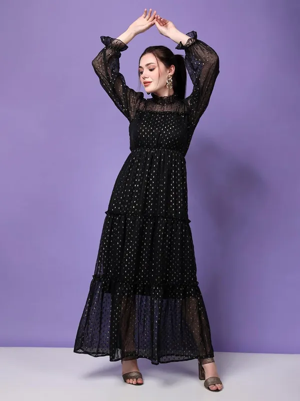 Women_Gold_Lurex_Maxi_Dress_Georgette_Flared_Dress_High_Neck_Sheer_Sleeves_Tiered_Frill_Elegant_Evening_Dress_S_Xxl