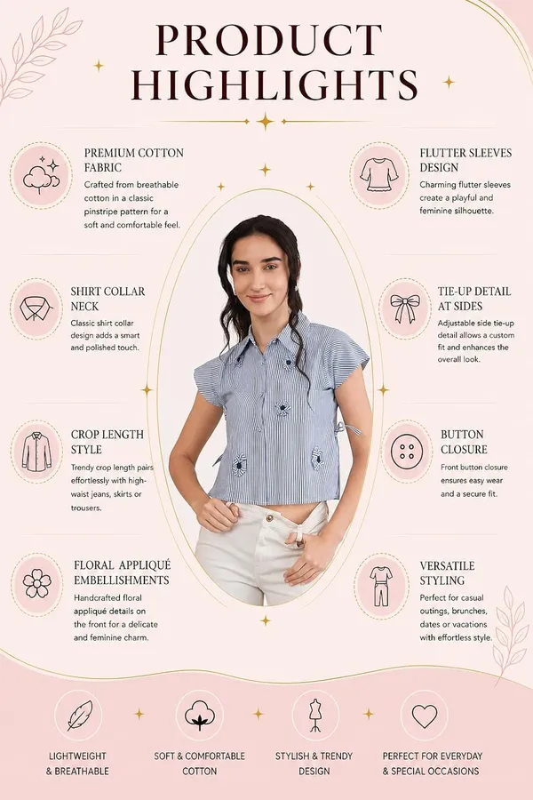 Women_Striped_Cotton_Crop_Shirt_With_Applique_Tie_Up_Detail_Floral_Embellishments_Flutter_Sleeves_Shirt_Collar